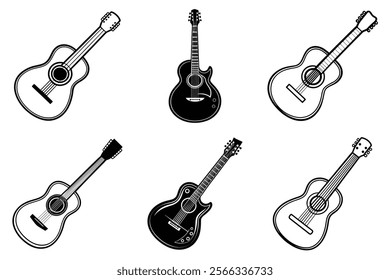 set of guitar silhouette and liner art illustration, collection of musical guitars vector on white background