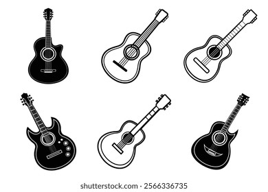 set of guitar silhouette and liner art illustration, collection of musical guitars vector on white background