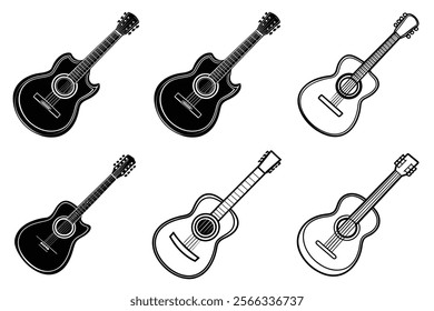 set of guitar silhouette and liner art illustration, collection of musical guitars vector on white background