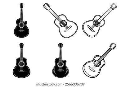 set of guitar silhouette and liner art illustration, collection of musical guitars vector on white background