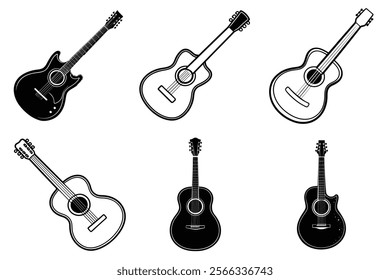 set of guitar silhouette and liner art illustration, collection of musical guitars vector on white background