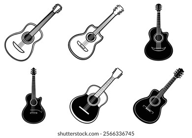 set of guitar silhouette and liner art illustration, collection of musical guitars vector on white background