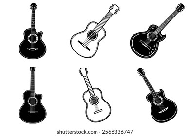 set of guitar silhouette and liner art illustration, collection of musical guitars vector on white background