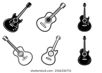 set of guitar silhouette and liner art illustration, collection of musical guitars vector on white background