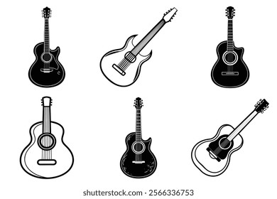 set of guitar silhouette and liner art illustration, collection of musical guitars vector on white background