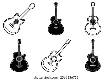 set of guitar silhouette and liner art illustration, collection of musical guitars vector on white background