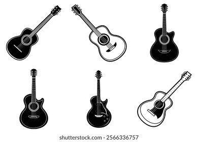 set of guitar silhouette and liner art illustration, collection of musical guitars vector on white background