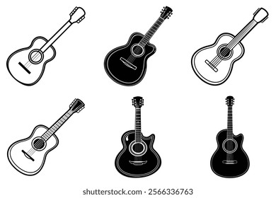 set of guitar silhouette and liner art illustration, collection of musical guitars vector on white background