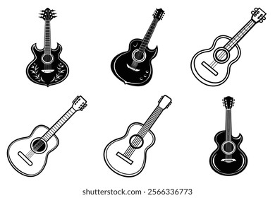 set of guitar silhouette and liner art illustration, collection of musical guitars vector on white background