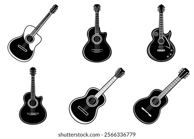 set of guitar silhouette and liner art illustration, collection of musical guitars vector on white background