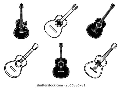 set of guitar silhouette and liner art illustration, collection of musical guitars vector on white background