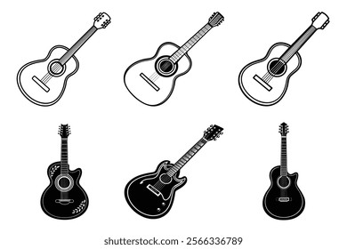 set of guitar silhouette and liner art illustration, collection of musical guitars vector on white background