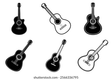 set of guitar silhouette and liner art illustration, collection of musical guitars vector on white background