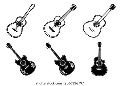 set of guitar silhouette and liner art illustration, collection of musical guitars vector on white background