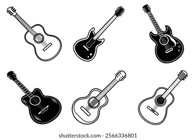 set of guitar silhouette and liner art illustration, collection of musical guitars vector on white background