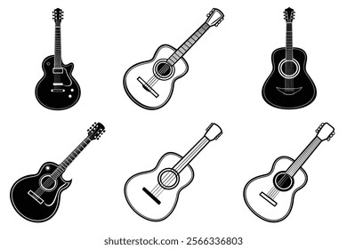 set of guitar silhouette and liner art illustration, collection of musical guitars vector on white background