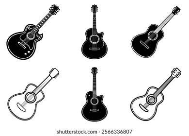 set of guitar silhouette and liner art illustration, collection of musical guitars vector on white background