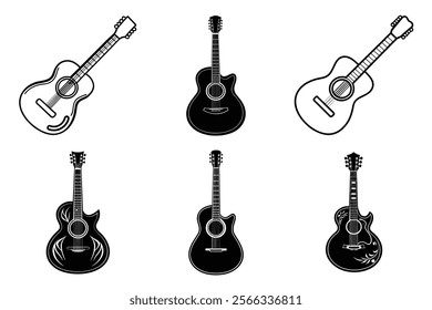 set of guitar silhouette and liner art illustration, collection of musical guitars vector on white background