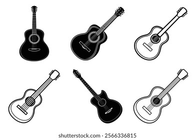 set of guitar silhouette and liner art illustration, collection of musical guitars vector on white background