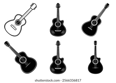 set of guitar silhouette and liner art illustration, collection of musical guitars vector on white background