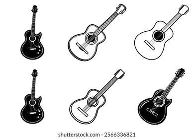 set of guitar silhouette and liner art illustration, collection of musical guitars vector on white background