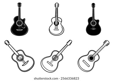 set of guitar silhouette and liner art illustration, collection of musical guitars vector on white background