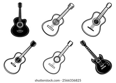 set of guitar silhouette and liner art illustration, collection of musical guitars vector on white background