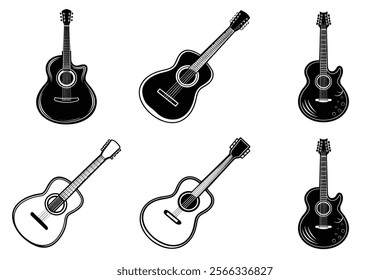 set of guitar silhouette and liner art illustration, collection of musical guitars vector on white background