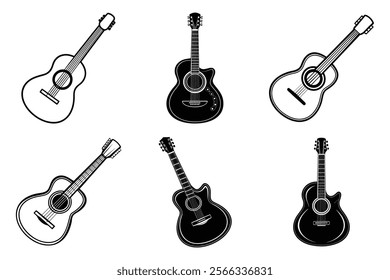 set of guitar silhouette and liner art illustration, collection of musical guitars vector on white background