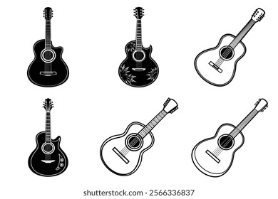 set of guitar silhouette and liner art illustration, collection of musical guitars vector on white background