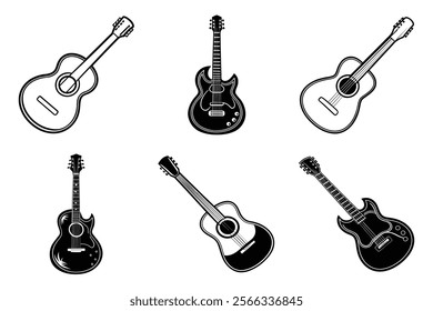 set of guitar silhouette and liner art illustration, collection of musical guitars vector on white background