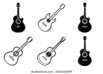 set of guitar silhouette and liner art illustration, collection of musical guitars vector on white background