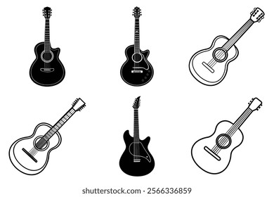 set of guitar silhouette and liner art illustration, collection of musical guitars vector on white background