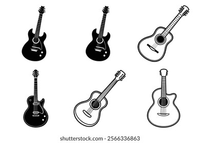 set of guitar silhouette and liner art illustration, collection of musical guitars vector on white background