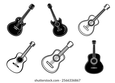 set of guitar silhouette and liner art illustration, collection of musical guitars vector on white background