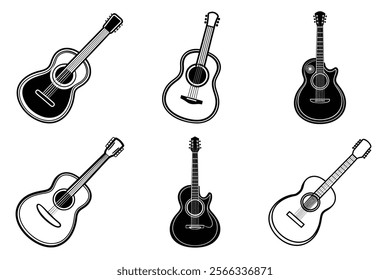 set of guitar silhouette and liner art illustration, collection of musical guitars vector on white background