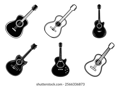 set of guitar silhouette and liner art illustration, collection of musical guitars vector on white background