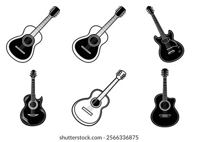 set of guitar silhouette and liner art illustration, collection of musical guitars vector on white background