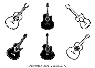 set of guitar silhouette and liner art illustration, collection of musical guitars vector on white background