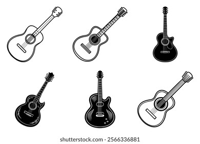 set of guitar silhouette and liner art illustration, collection of musical guitars vector on white background