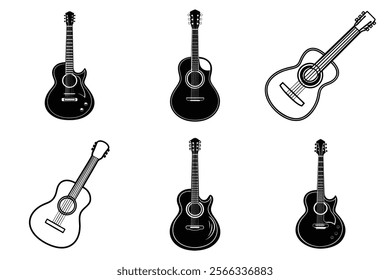 set of guitar silhouette and liner art illustration, collection of musical guitars vector on white background