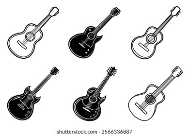 set of guitar silhouette and liner art illustration, collection of musical guitars vector on white background