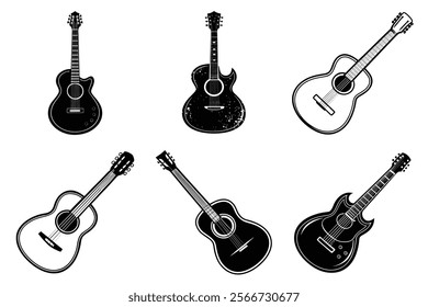 set of guitar silhouette and liner art illustration, collection of musical guitars vector on white background