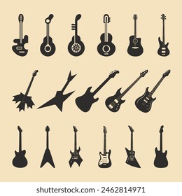 Set of Guitar Silhouettes Collection Vector Illustration.
