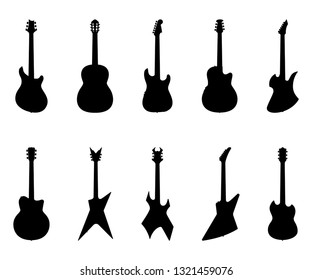 Набор силуэтов гитары, электрогитар, акустических гитар, джазовой гитары, рок-гитары, музыкальных инструментов - Vector