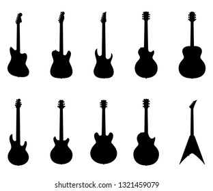 Set of Guitar Silhouettes, Electric Guitars, Acoustic Guitars, Jazz Guitar, Rock Guitar, Musical Instrument - Vector