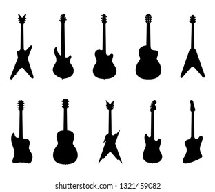 Set of Guitar Silhouettes, Electric Guitars, Acoustic Guitars, Jazz Guitar, Rock Guitar, Musical Instrument - Vector