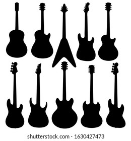 Set of Guitar Silhouettes, Electric Guitars, Acoustic Guitars, Jazz Guitar, Rock Guitar, Musical Instrument - Vector