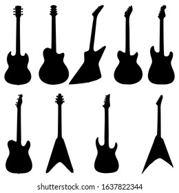 Set of Guitar Silhouettes, Electric Guitars, Acoustic Guitars, Jazz Guitar, Rock Guitar, Musical Instrument - Vector