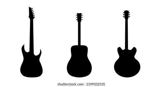 Set of guitar silhouettes, electric guitars, acoustic guitars, rock guitars on a white background